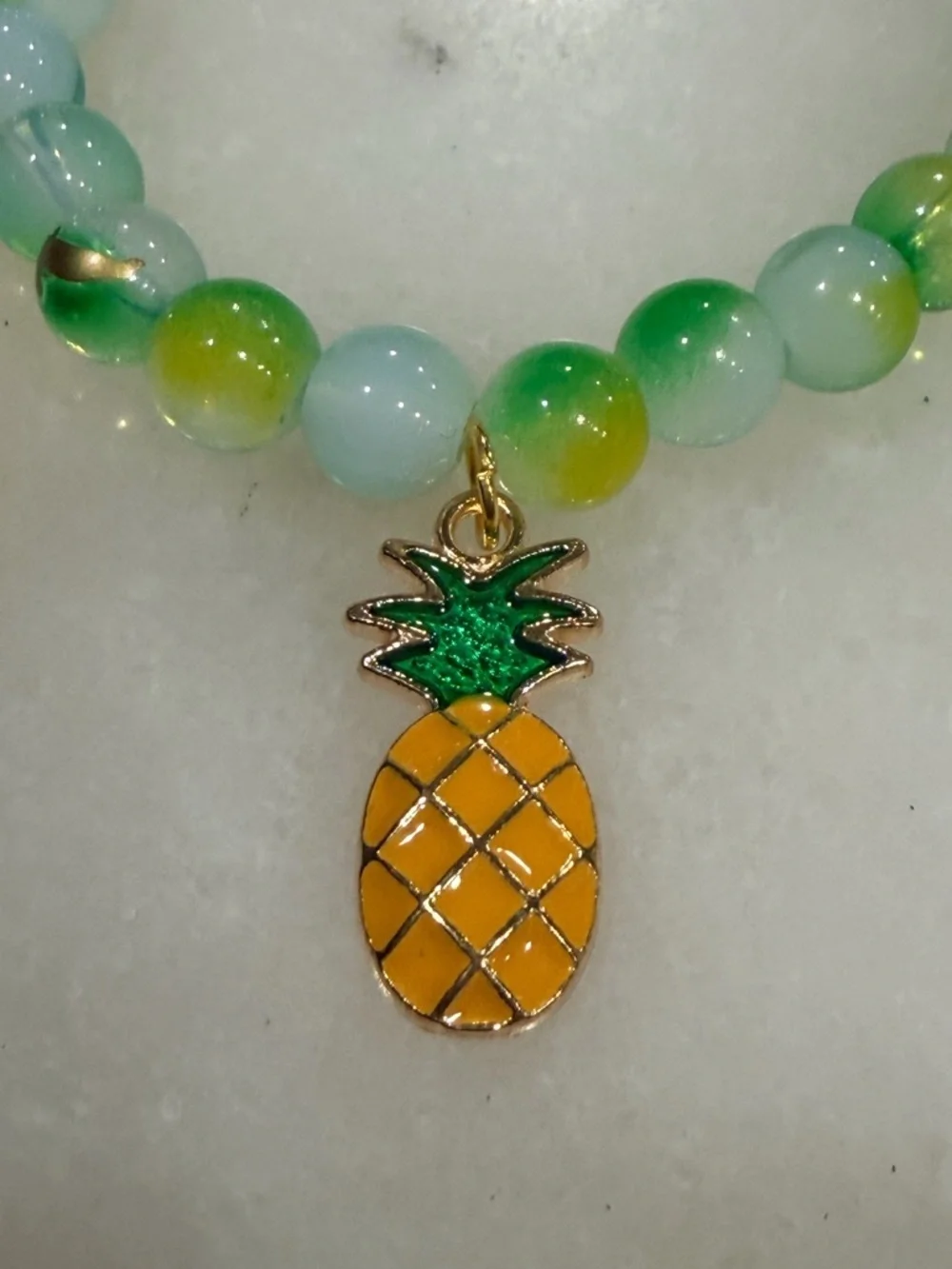 Green & Yellow Beaded Stretch Bracelet with Pineapple Charm